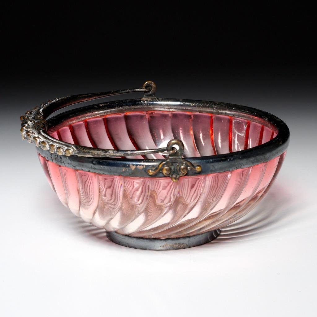 1800s Baccarat Pink Amberina Bamboo Rose Glass Silverplate Basket