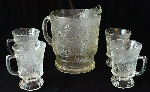 Pitcher Mug SET Ponderosa Pine Tiara Indiana Glass Footed Cups x4 Vintage Marked