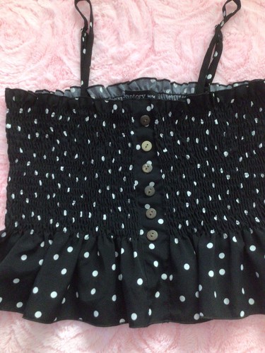 Women's Girls Polka Dots Shirred Crop Tank Top Black/White Size M/M - Picture 3 of 5
