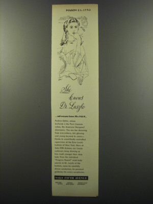 1953 Saks Fifth Avenue Erno Laszlo Beauty Treatments Advertisement - She Knows