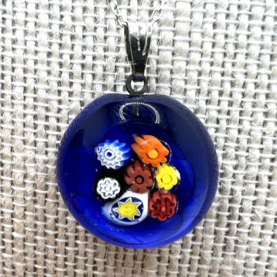 Murano Glass Handcrafted Navy Millefiori Pendant & 925 Sterling Silver Necklace