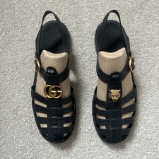 Gucci GG Tiger Brass Black Rubber Sandals Sliders Flip Flops size 9uk 