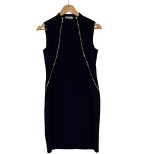 Calvin Klein Womens Navy Sleeveless Midi Dress Gold Zippers High Neck Size 6