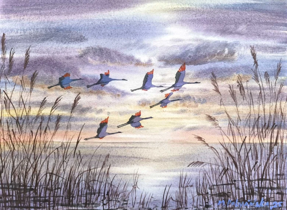 Obra de Arte Original Pintura Moderna 28x21 GARZAS AZULES Paisaje GRÚAS Arte Paisaje Marino Foto 3 de 4