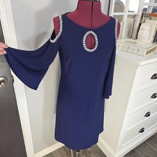 J.B.S. Navy Blue Cold Shoulder Midi Dress With Rhinestone Embellishments. Size