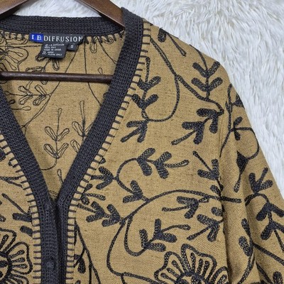 Vtg IB Diffusion Floral Embroidered Tan 100% Silk Cardigan Womens S Twee Boho 