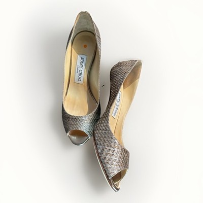 NEW $595 Jimmy Choo ISABEL Champagne Glitter Fabric Open Toe Pump