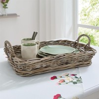 "Rattan Tablett Groß \"Koboo Grey\" Grau Mit Griffen, 50X35 Cm, Servier Korb Kaffee"