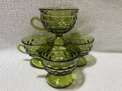 (4) Colony Glass- WHITEHALL GREEN  (Avocado)-Cubist Pattern-Footed Teacups/Mugs