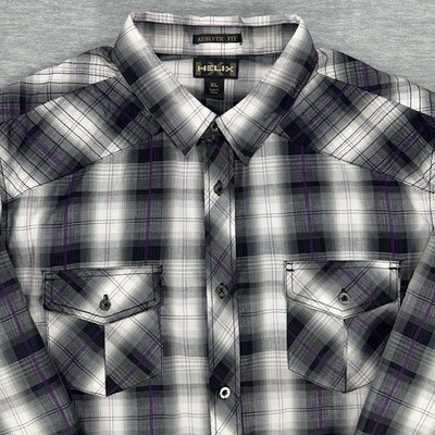 Helix Button Up Shirt Mens XL Gray Plaid Athletic Fit Long Sleeve 