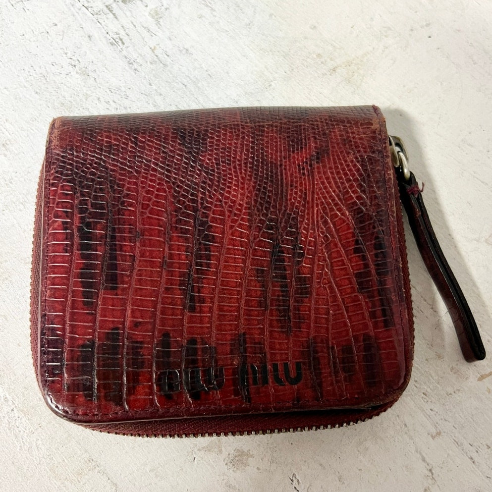 Miu Miu Leather Embossed Snakeskin Zip Around Coin Wallet Bordeaux