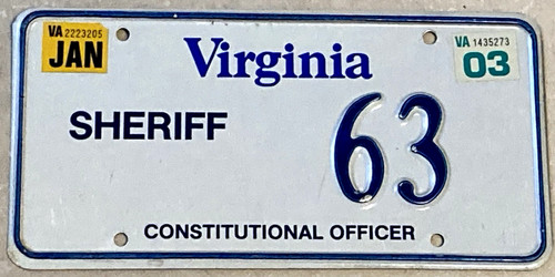 Virginia SHERIFF 63 License Plate 2003 CONSTITUTIONAL ELECTED OFFICER Police VA