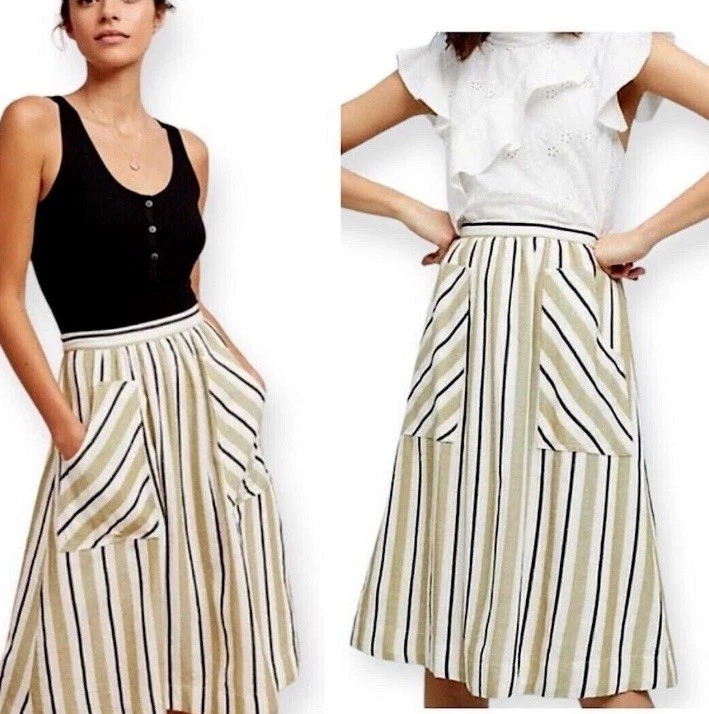 Anthropologie Akemi+Kin Luria Striped Skirt M Linen Lined Elastic Back Lagenlook