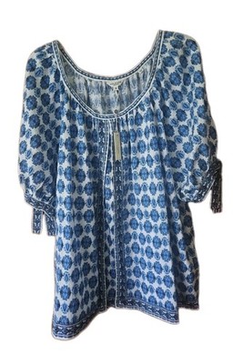 Max Studio Women Plus Cotton Dressy Peasant Boho Top Blue Floral  SZ 3X New