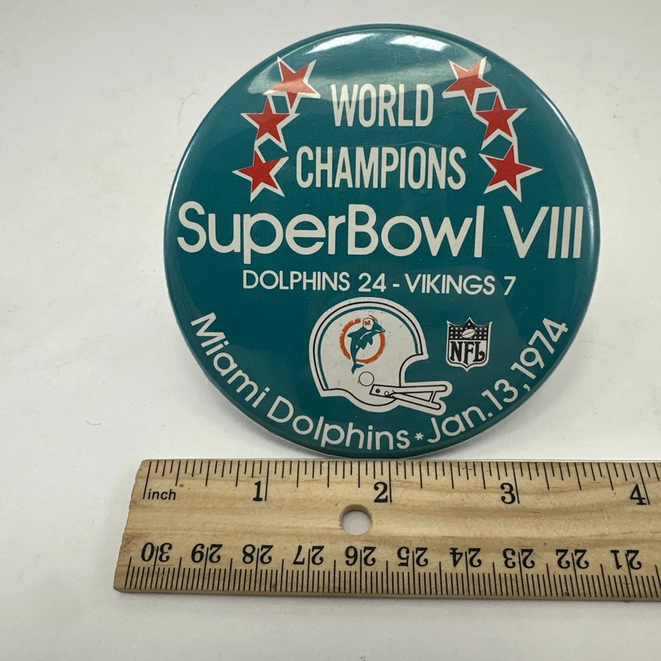 Miami Dolphins SUPER BOWL VIII CHAMPS NFL FÚTBOL AMERICANO VINTAGE pinback/botón 3 pulgadas Foto 4 de 4