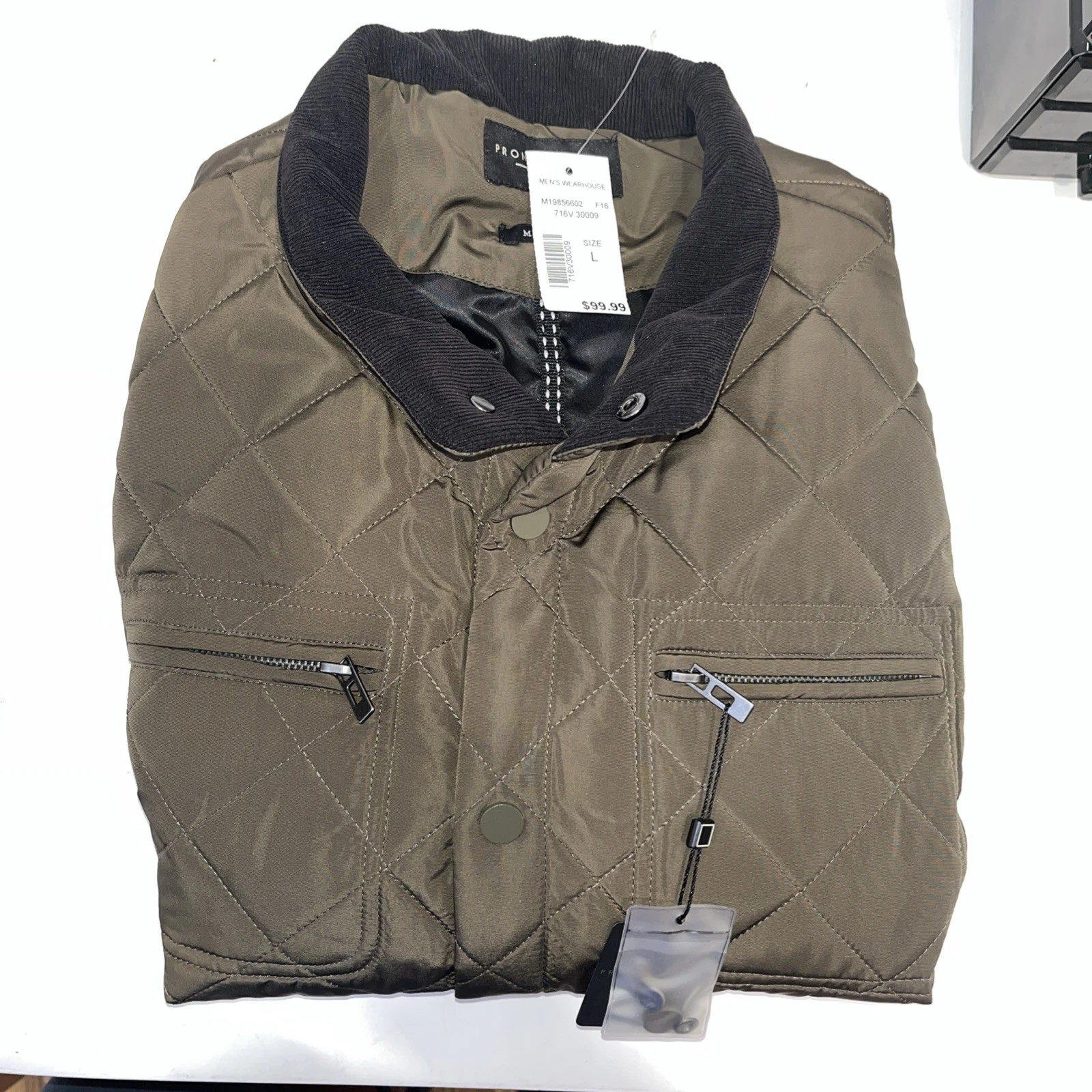Pronto Uomo Olive Men’s Quilted Vest Size Large 100% Polyester Button Front