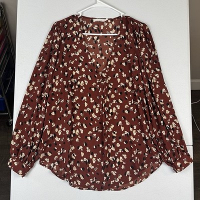 Lush V Neck Blouse Womens L Large Long Sleeve Brown Black Cream