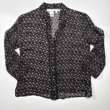 Studio M Womens Blouse Small 100% Silk Black Red Geometric Sheer Button Shirt