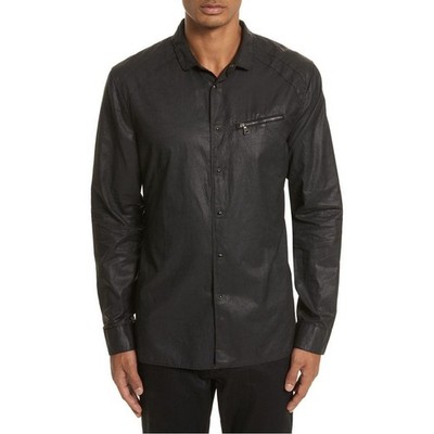 John Varvatos Resin Coated Snap Button Down Shirt XXL Black Waxed Edgy Moto