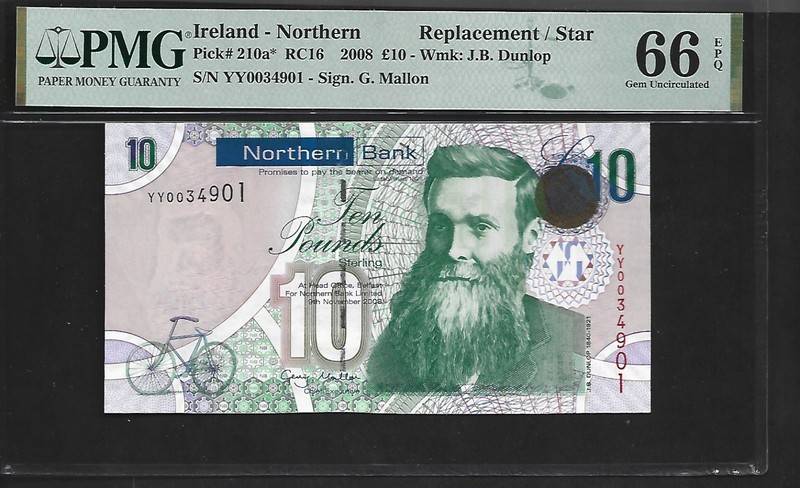 Ireland - Northern 10 Pounds 2008 PMG 66 EPQ UNC P# 210a* Replacement/Star