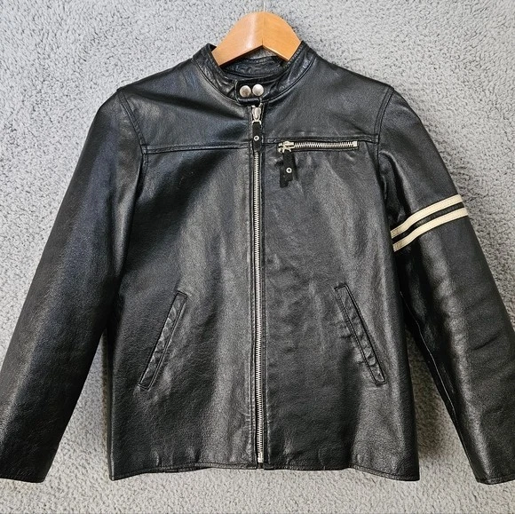 Wilson 皮革男孩黑色皮革摩托车夹克 XL 袖条纹赛车 Y2K 儿童 — 第 3/4 张图片