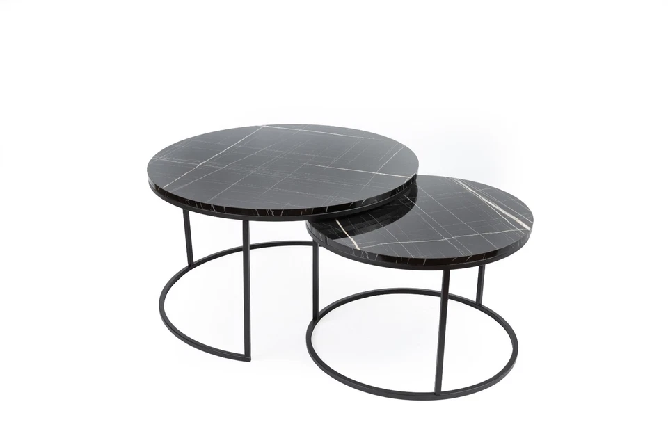 round coffee table set of 2, Marble Inspired Black Coffee Table in sleek design - Image 2 of 4