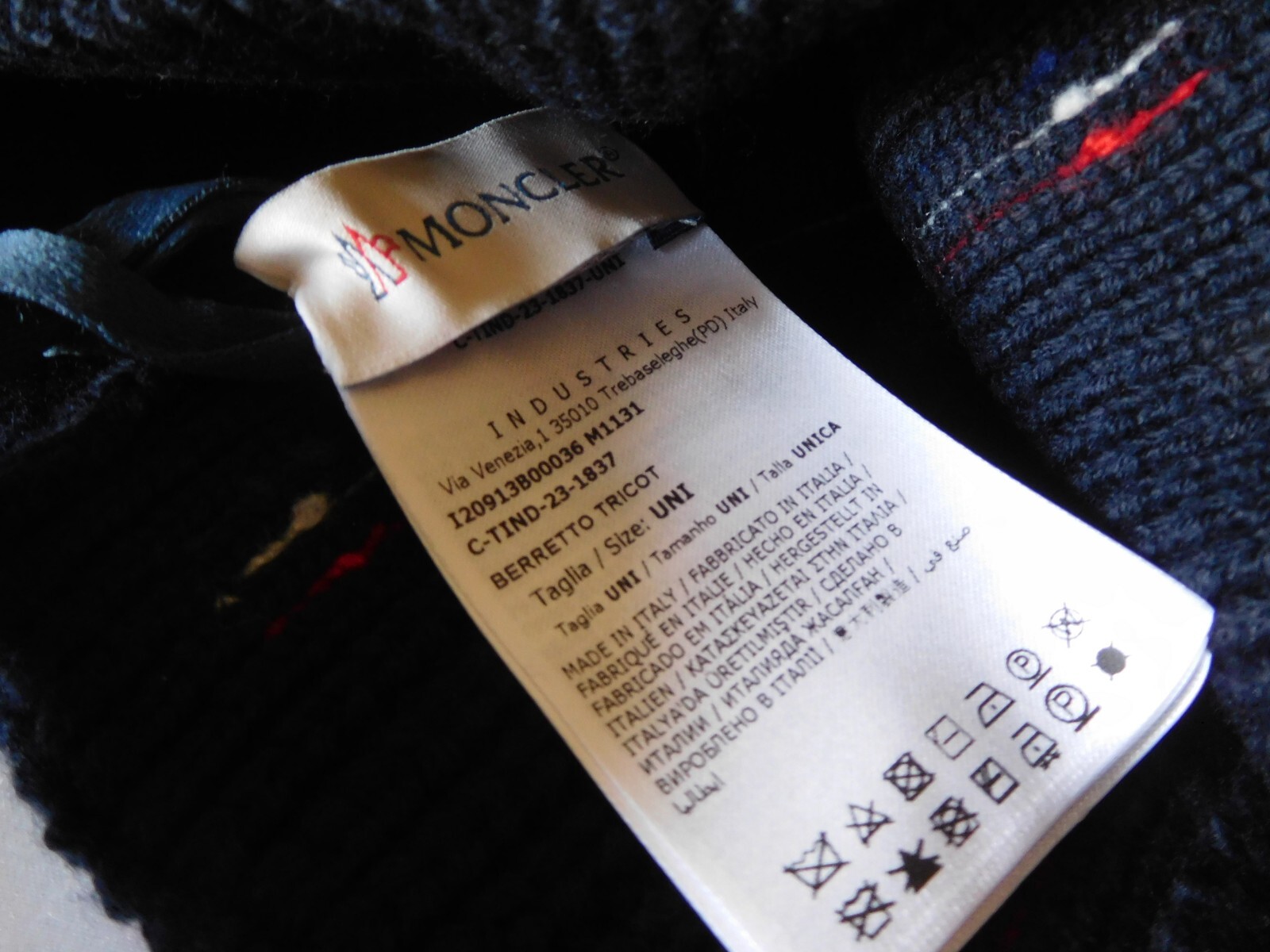 New MONCLER Berretto Tricot Men's Ribbed Beanie with Tipping ~Navy image 10