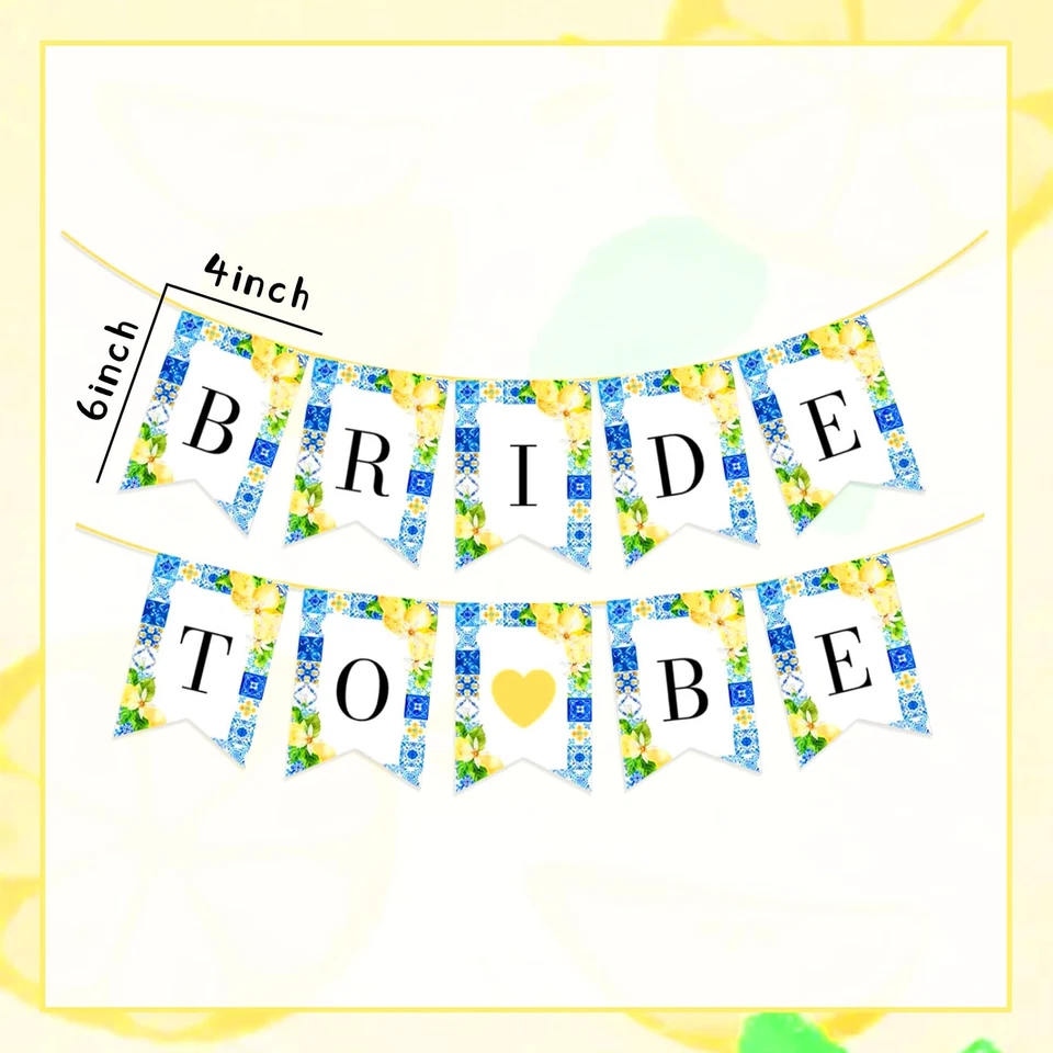 Decoraciones de ducha nupcial de limón Capri limón bandera de compromiso azulejos azules y... Foto 2 de 4