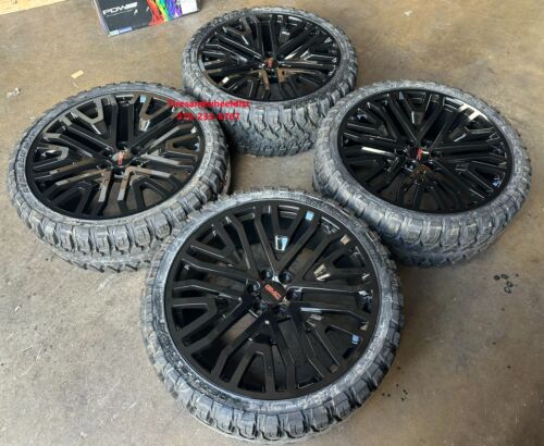 26'' Silverado Sierra Mesh Wheels Gloss Black 35'' MT Tires Tahoe Yukon TPMS
