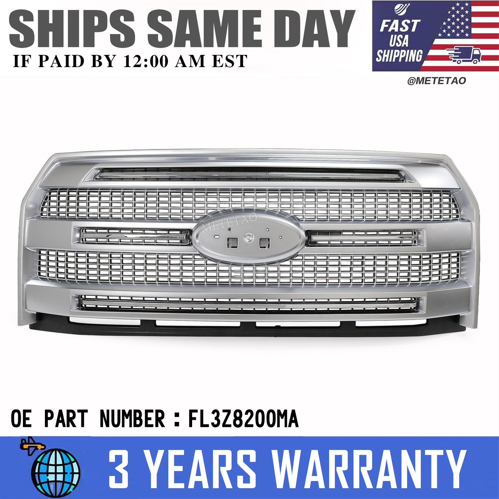 For 2015-2017 Ford F150 F-150 Front Upper Grille Grill Painted Silver W/O Camera