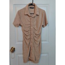 Pretty Little Thing Tan Terry Cloth Ruched Mini Dress Button Front Beachy Size 8