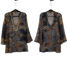 Venus Dress Sheer Peasant Resort Beaded V Mini Tunic Kaftan Paisley Brown Sz S/M