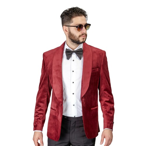  Herren Burgunder Samt Smoking Blazer Jacke Schalkragen Revers 1 Knopf Slim Fit AZAR MAN - Bild 4 von 6