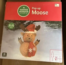 WWL Pop Up Moose w Santa Hat & Scarf Lighted Outdoor Yard Christmas Decor 31"