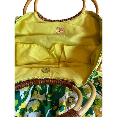 Borsa vintage stampa floreale rotonda manico bambù con fodera gialla e scatto magnetico - Foto 4 di 6
