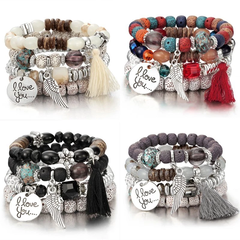 Juego de brazalete con cuentas de cristal de piedra natural multicapa boho de 4 piezas al por mayor Foto 3 de 4