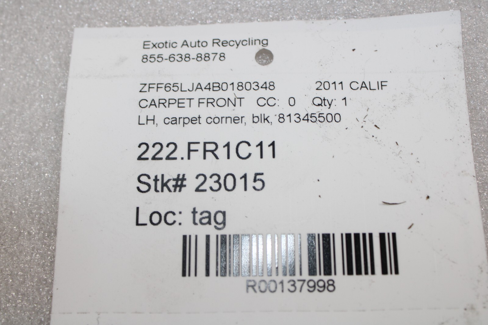 Ferrari California, LH, Left, Carpet Corner Trim, Blk, Used, P/N 81345500