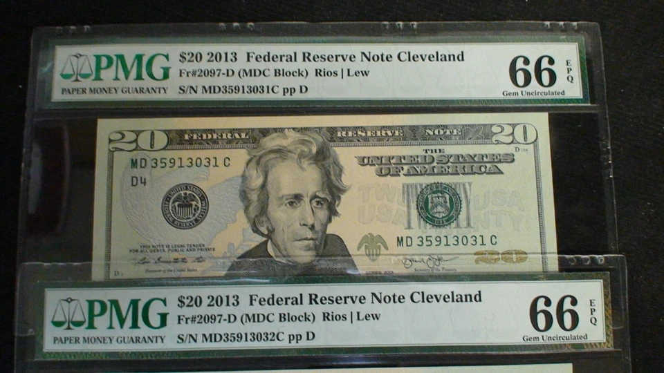 4 CONSECUTIVE 2013 Twenty Dollar PMG GEM 66 & 67 EPQ NOTES CLEVELAND $20 BILLS! - Image 2 of 4