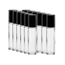 12-Pack Refillable 10ml Glass Roll-On Bottles with Black Caps