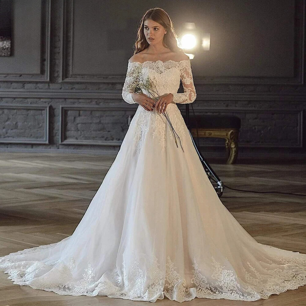 Boat Neck Lace Wedding Dress Long Sleeve Appliques Backless Pleated Bridal  Gowns