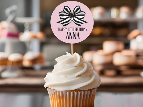 PERSONALISED Cupcake Topper Pick Topper Birthday Bow Design - Picture 2 of 8