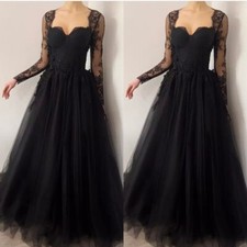 Gothic Wedding Dresses Black Lace Long Sleeves A Line Tulle Custom Bridal Gowns