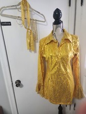Gold Sequinned Sexy Dress themed 60s 70s 80s with free accessories Size 8-10