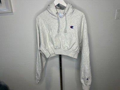 Champion Women's Grey Cropped Hoodie Size Large