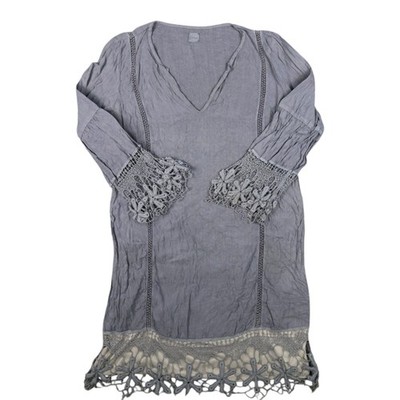 120% Lino Dress Womens LARGE Blue Linen V Neck Embroidered Boho Tunic Size L