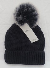 LADIES MARKS AND SPENCER NAVY RIBBED CHUNKY KNIT POM POM HAT ONE SIZE