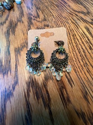 Vintage Style Brass Tone Chandelier Dangle Clip-On Earrings with Green Rhineston