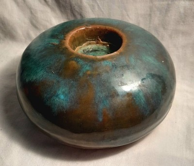 Raku Studio Keramik Kerzenhalter - irisierende Kupfer & Türkis Glasur 14x7cm