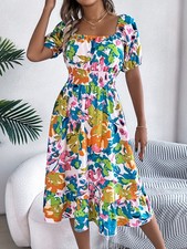 BOHO Women Summer Beach Dress Floral Short Sleeve Holiday Swing Sun Dresses Size