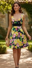B.Smart Dress Size 10 Bright Floral Empire Waist Tie Sleeveless Fit & Flare Y2K